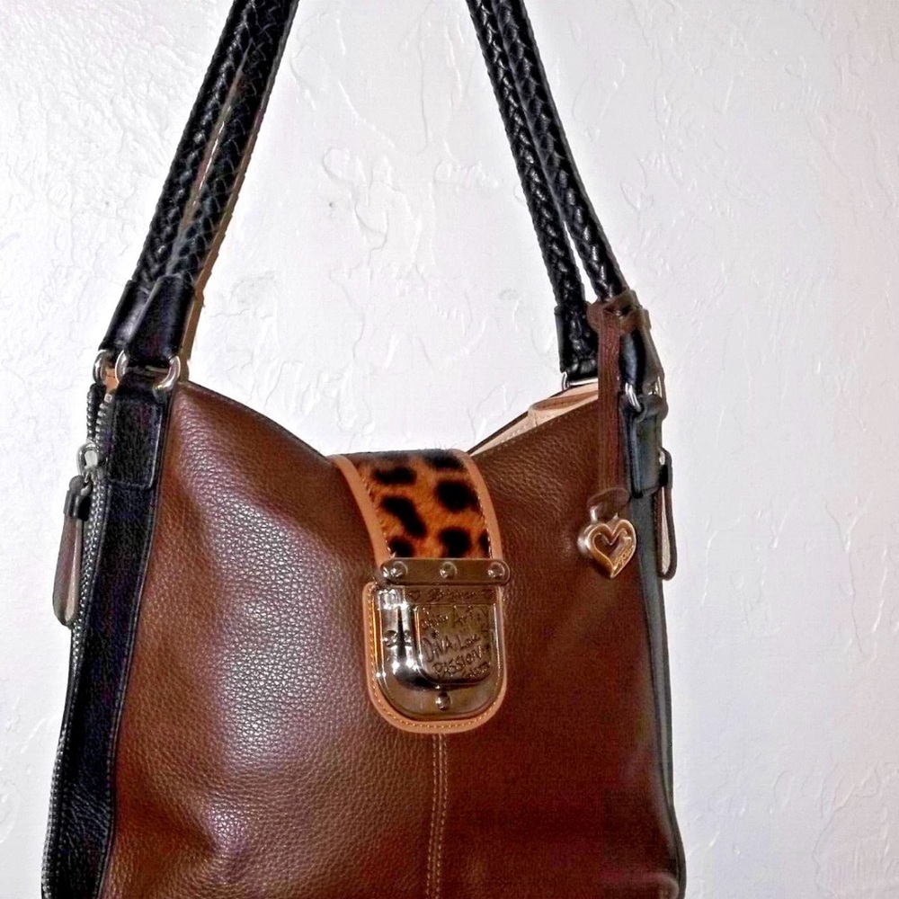 BRIGHTON ALI PEBBLED LEATHER HOBO SHOULDER BAG BROWN & BLACK W/ CALFHAIR F165675